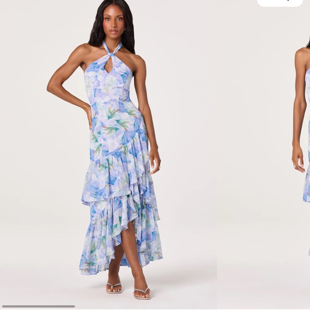 Astr Floral Halter High-Low Dress in Blue and Green